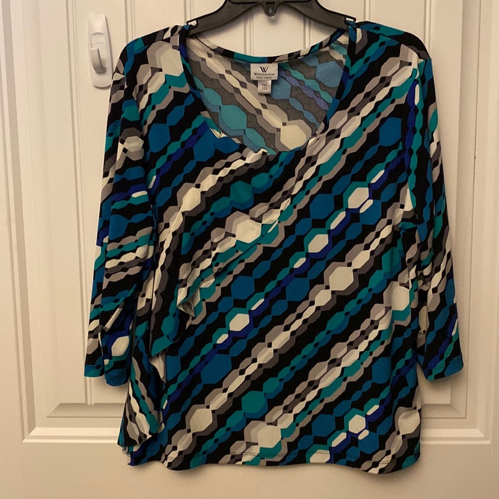 4) Worthington petite stretch top Women’s Sz XLP black-gray-aqua- royal…